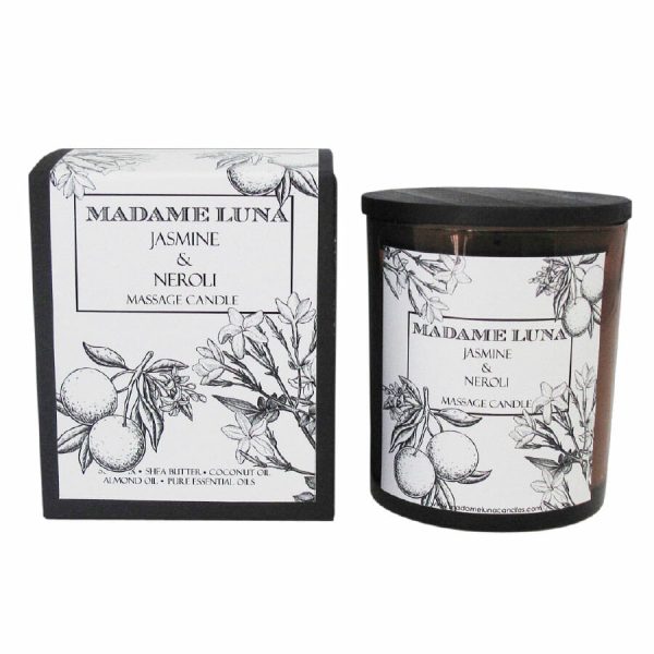 Amber Glass Candle - Wooden lid - Black & White Massage candle - Jasmine & Neroli